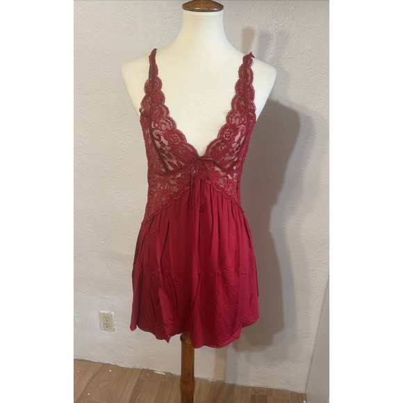 Red Baby Doll Night Gown Slip Dress Lace‎ Size S Stretchy Adjustable Straps - Picture 1 of 7